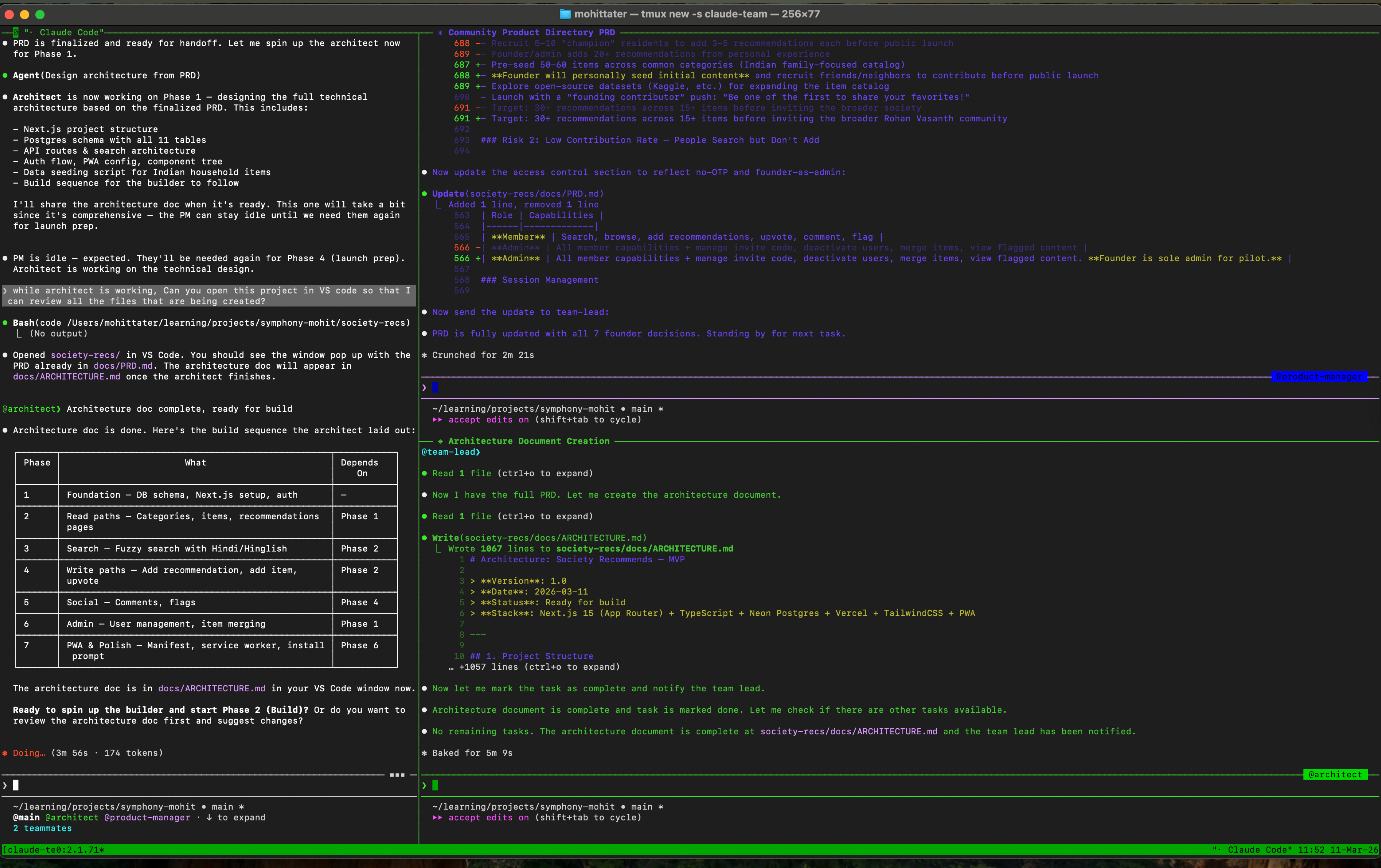 Agent team architecture handoff — build phases table with dependencies, agents picking up tasks