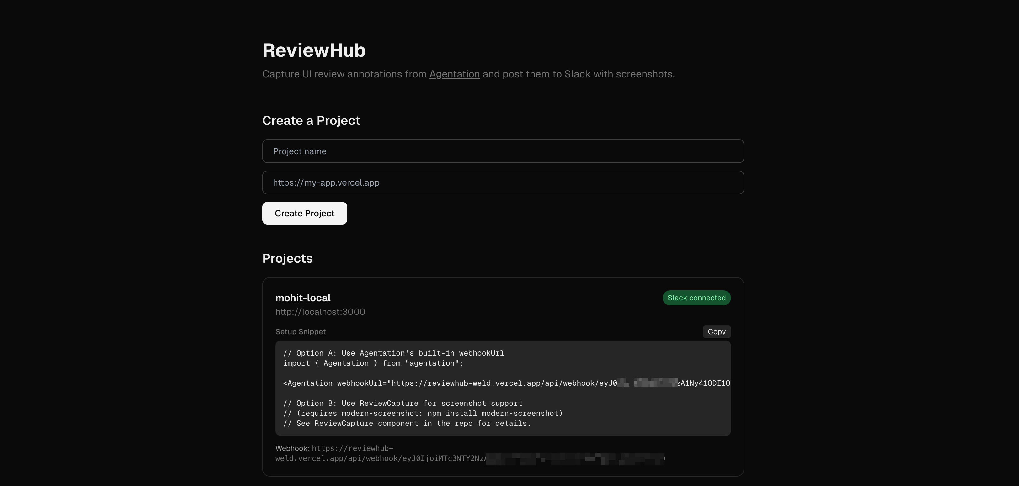 ReviewHub landing page showing project creation and webhook URL generation
