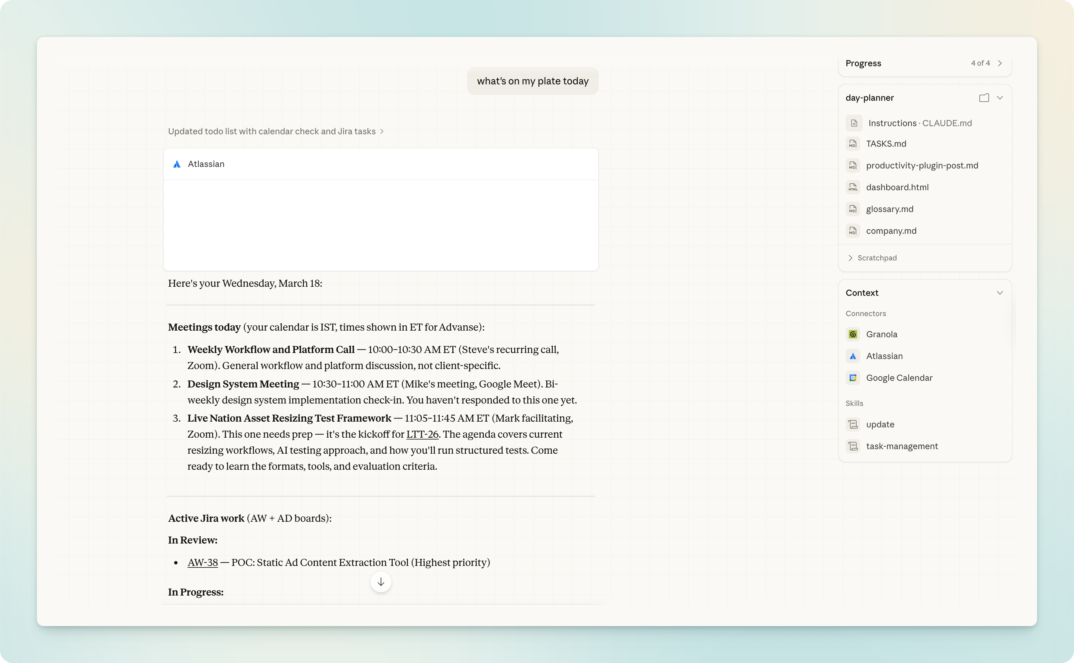 Cowork daily planner showing meetings, tasks, and connected tools