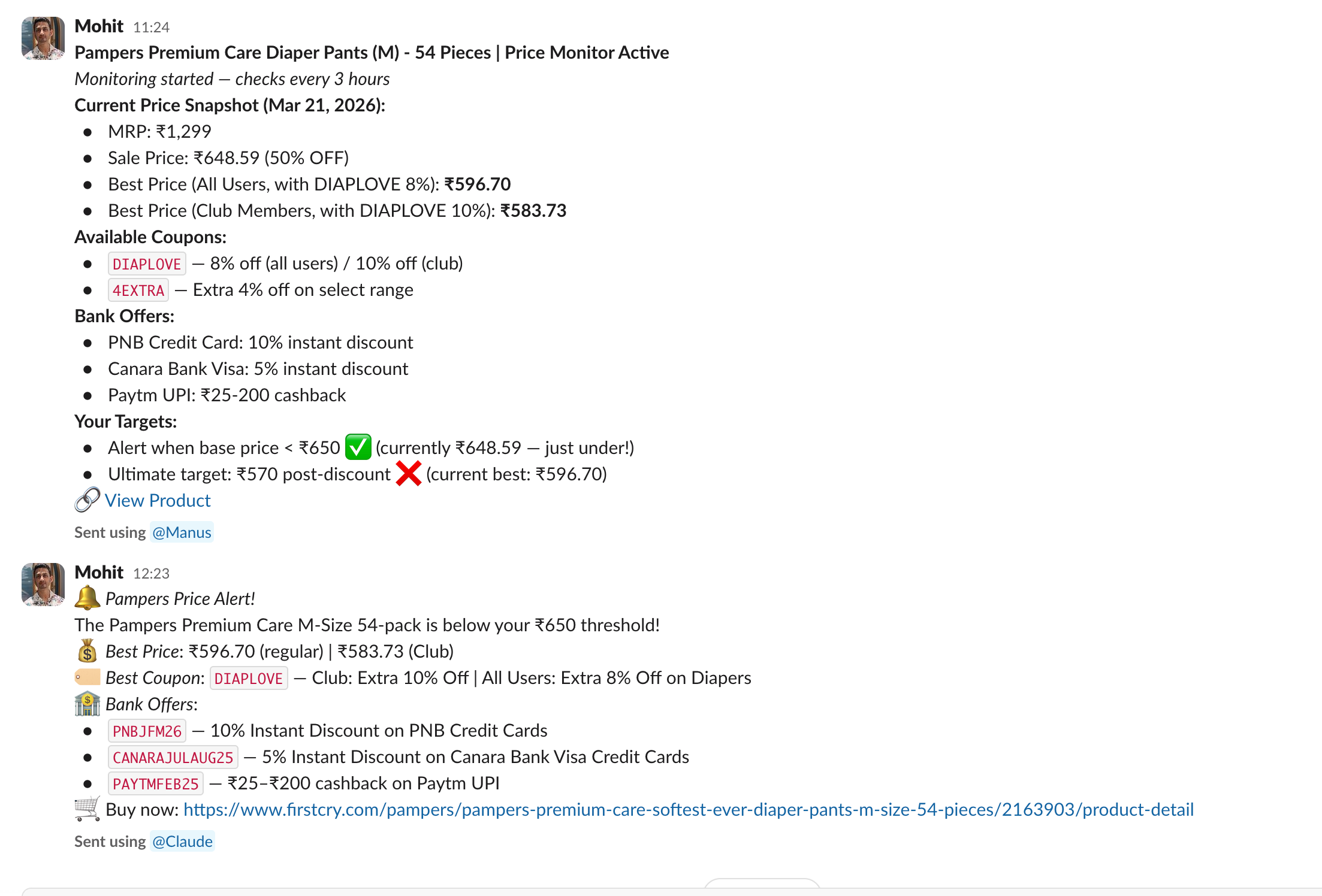 Slack notifications from both Manus and Claude showing price alerts with coupon codes, bank offers, and best prices for the diaper pack