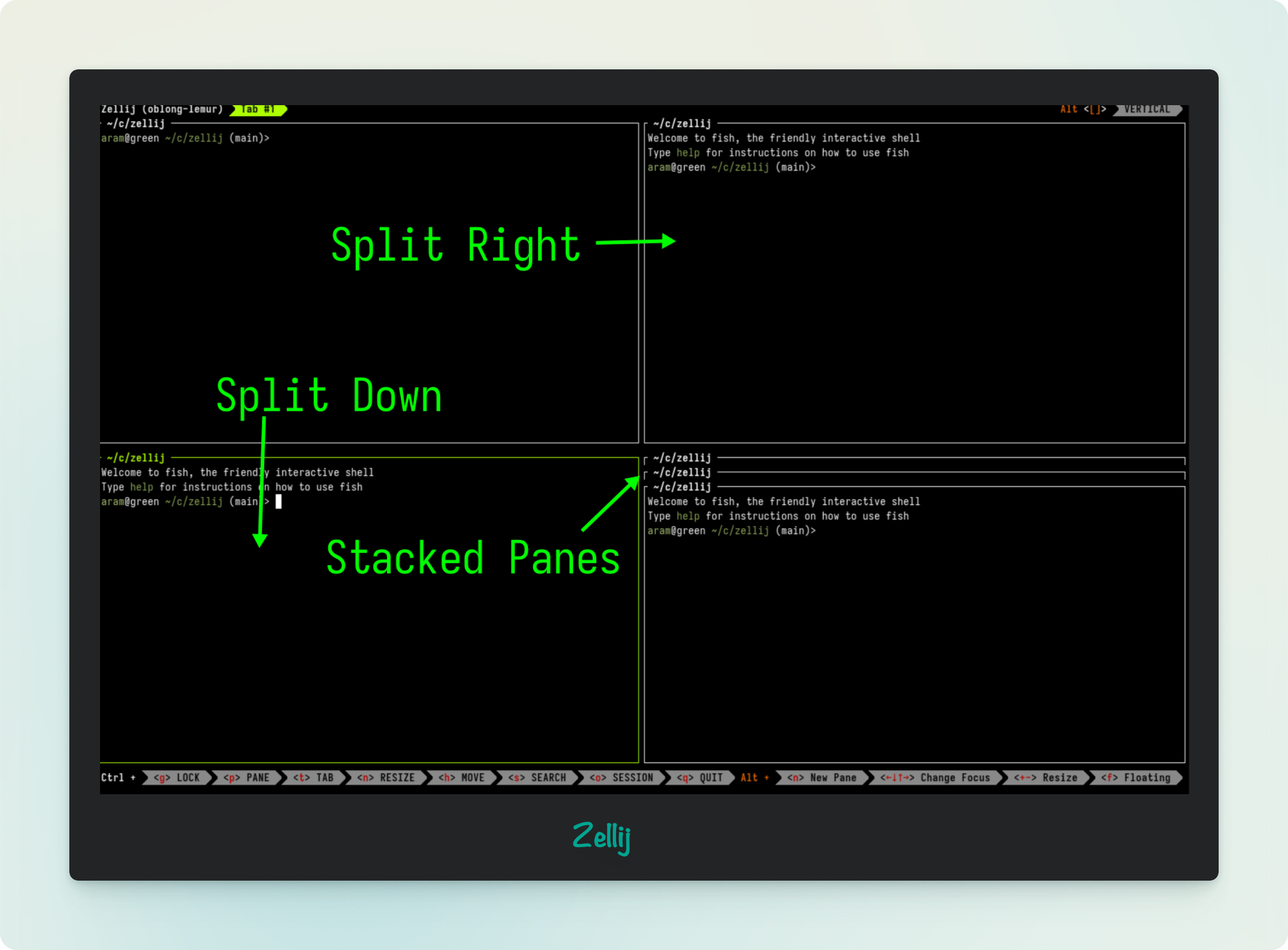 Zellij terminal multiplexer with keybinding hints