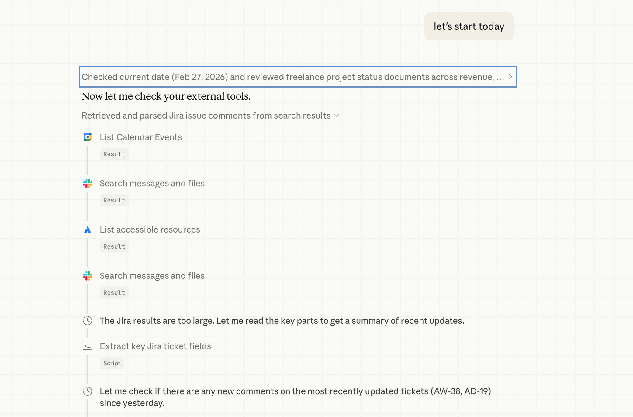 Claude Co-work interface showing connector toggles for Jira, Slack, Calendar, and Vercel