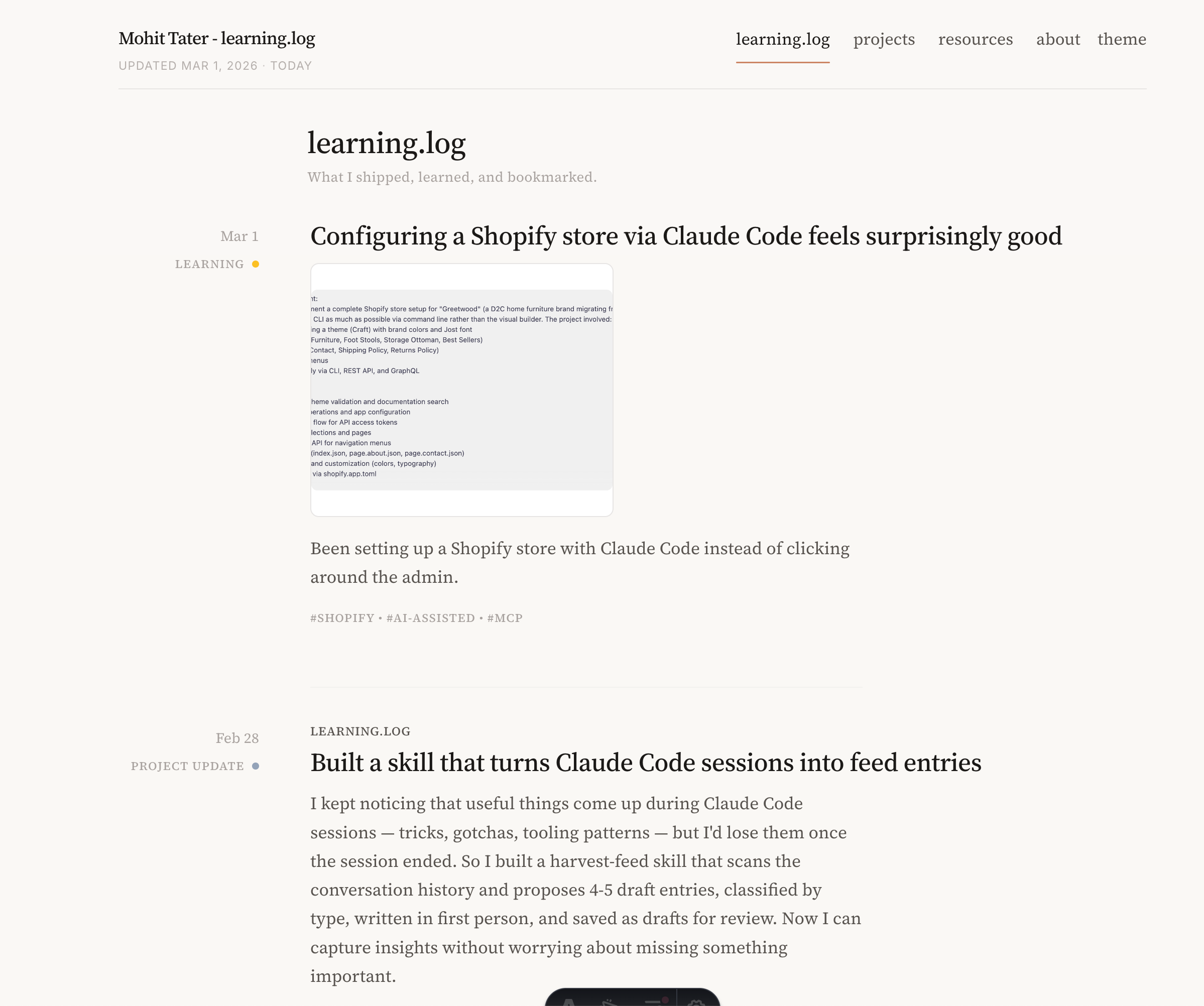 Learning.log feed in light mode