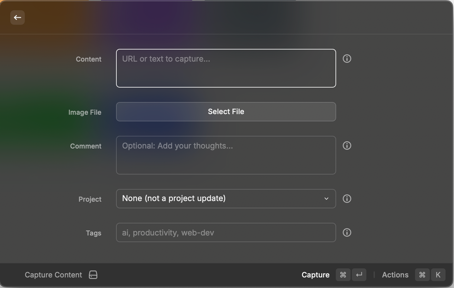 Raycast extension with fields for content, image, comment, project, and tags