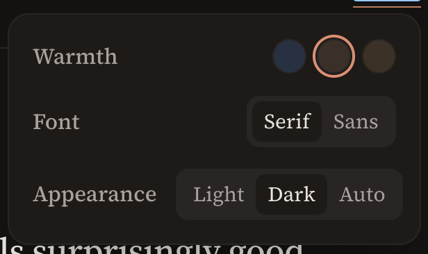 Theme controls showing warmth, font, and appearance options