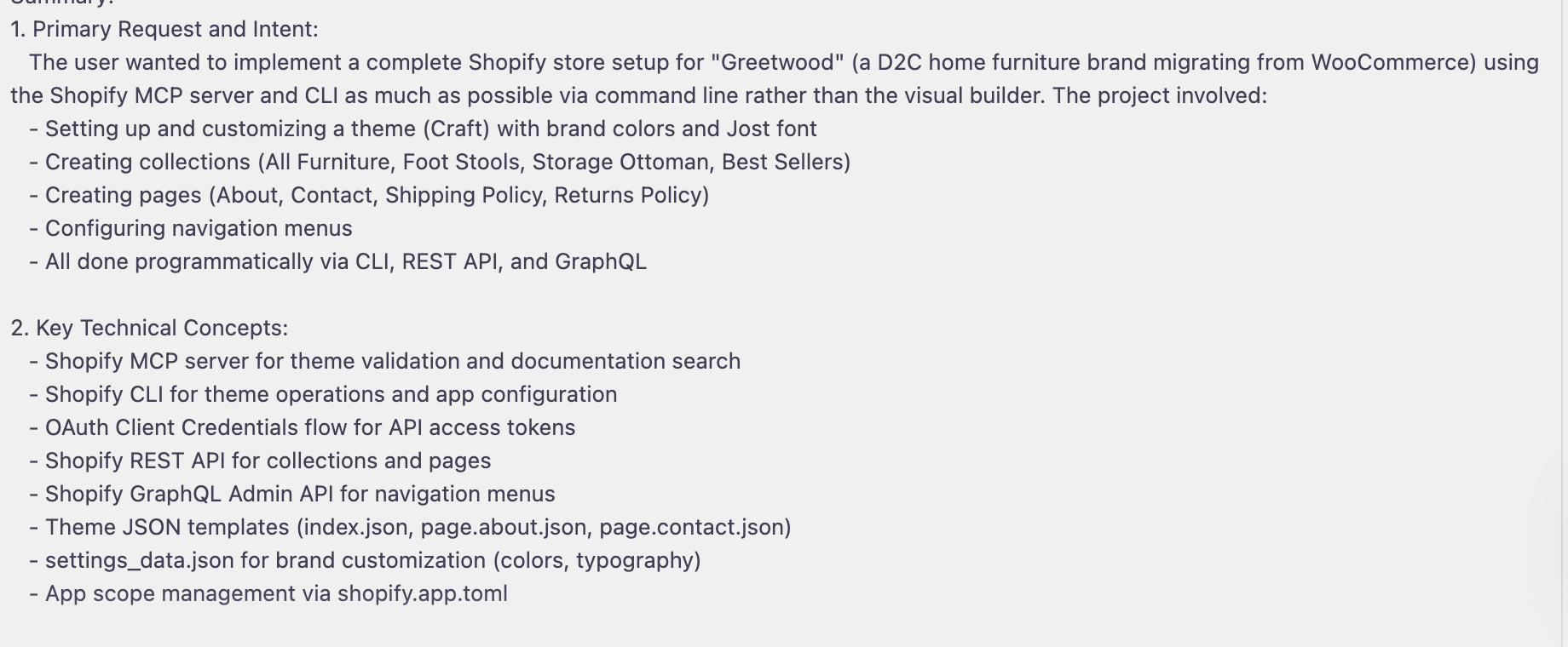 Summary of AI-assisted Shopify store implementation showing technical concepts used