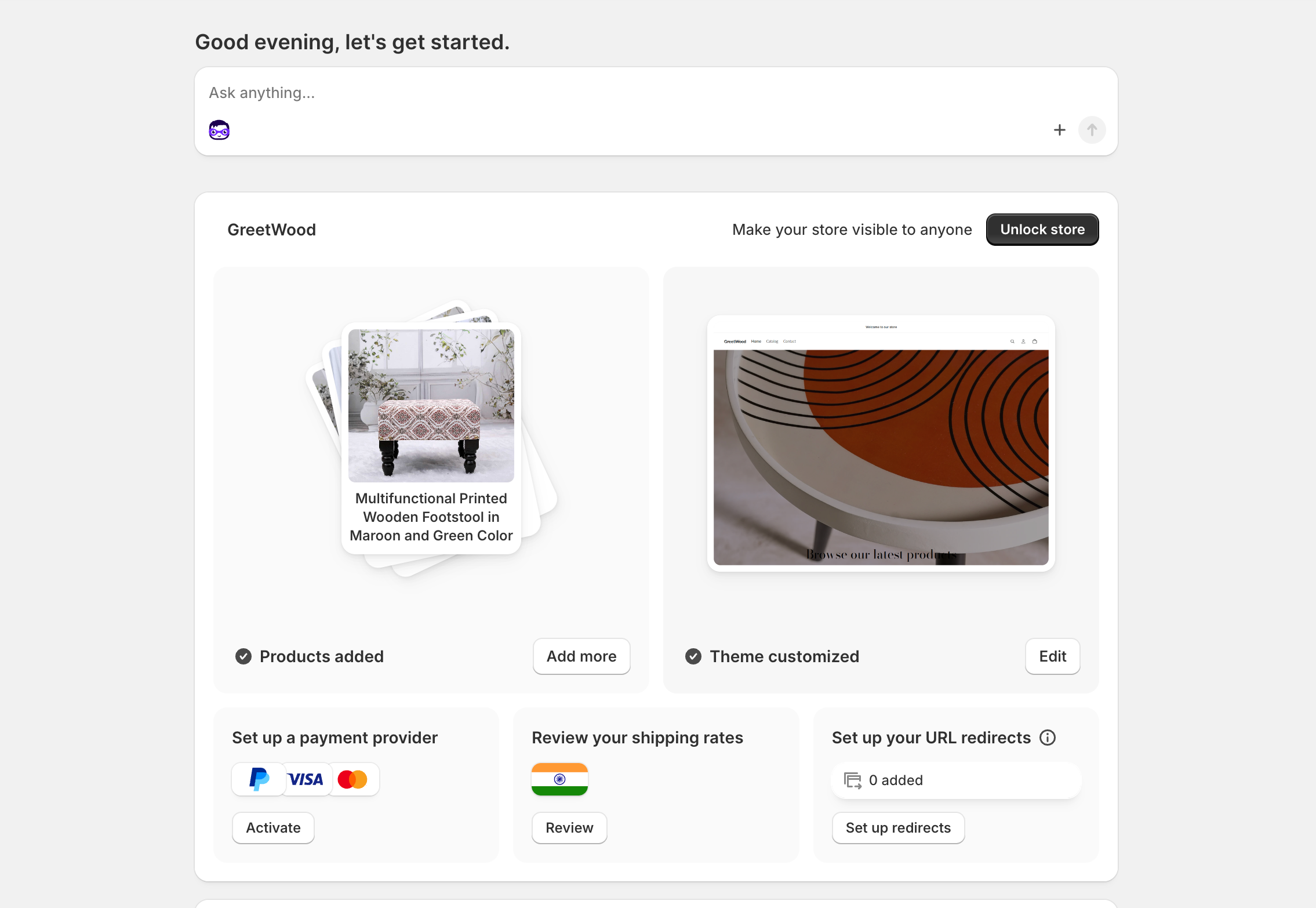 Shopify admin dashboard for the GreetWood furniture store with products loaded