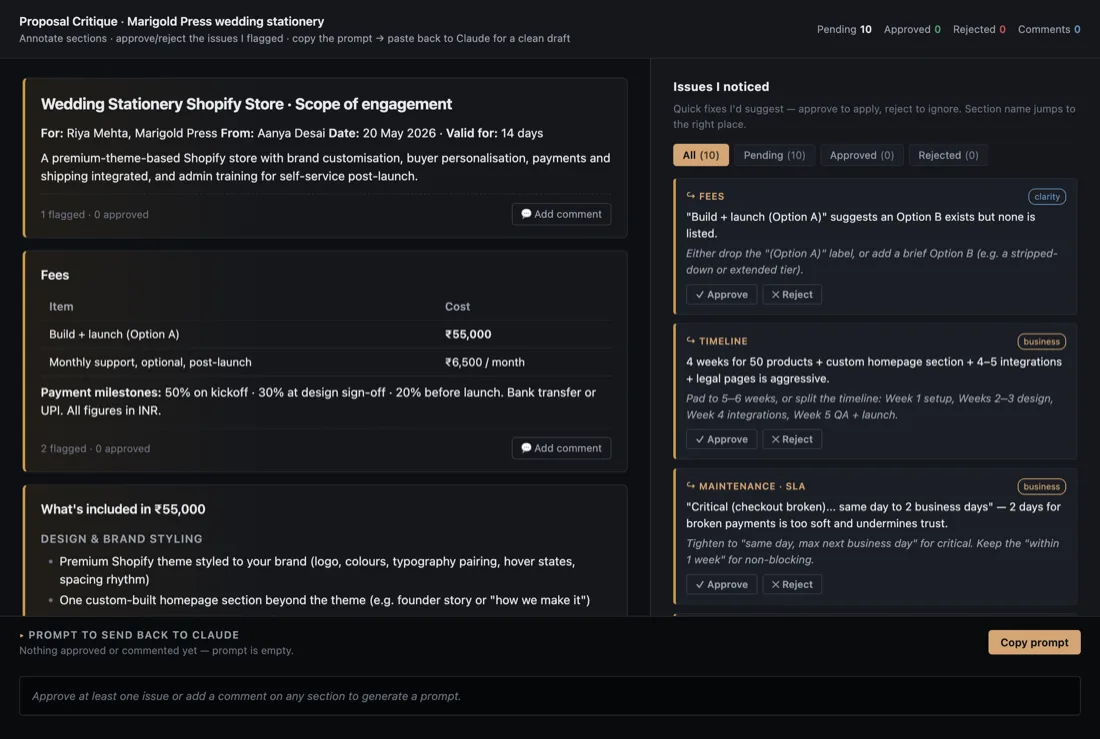Proposal review playground: the proposal on the left, an issues panel on the right