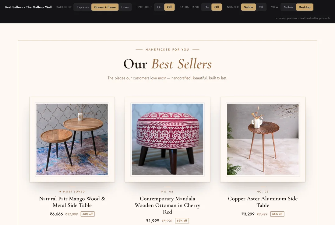 Best-sellers gallery-wall playground with background and framing options around a live storefront preview